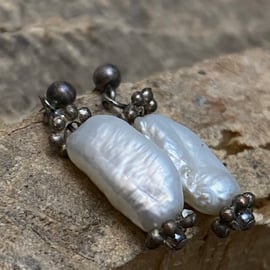Oxidised Silver Pearl Earrings , Evening Earrings