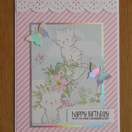 2 Kittens & A Bucket of Flowers Birthday Card - Pink