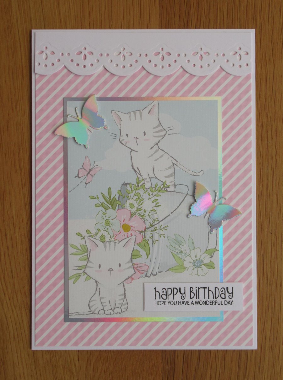 2 Kittens & A Bucket of Flowers Birthday Card - Pink