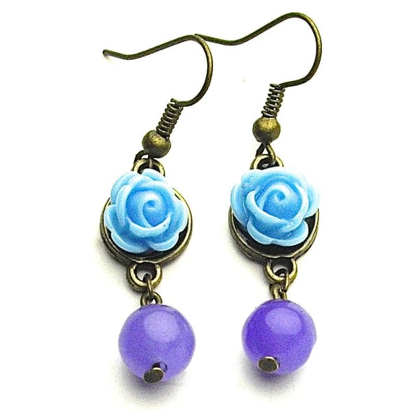 Purple Jade and Blue Rose Earrings - UK Free Post