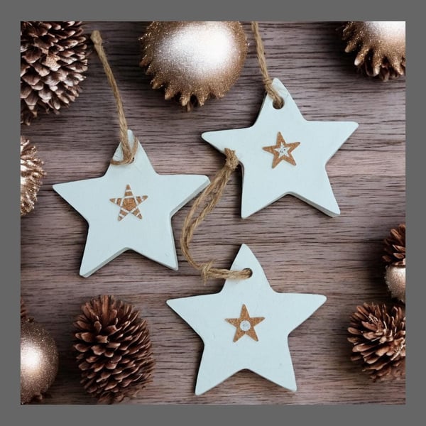 Trio White Clay & Cork Stars Christmas Decorations White Hanging Christmas Tree 