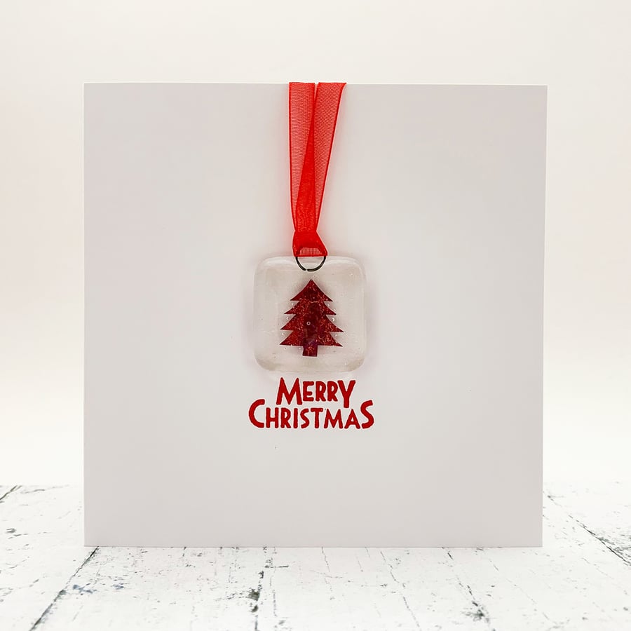 Christmas Card with Christmas Tree Fused Glass Keepsake Glass Suncatcher