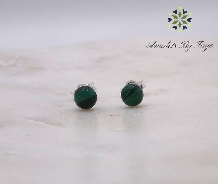 Malachite Round 5mm Cabochon Gemstone Sterling Silver Stud Earrings.