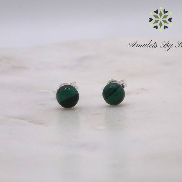 Malachite Round 5mm Cabochon Gemstone Sterling Silver Stud Earrings.