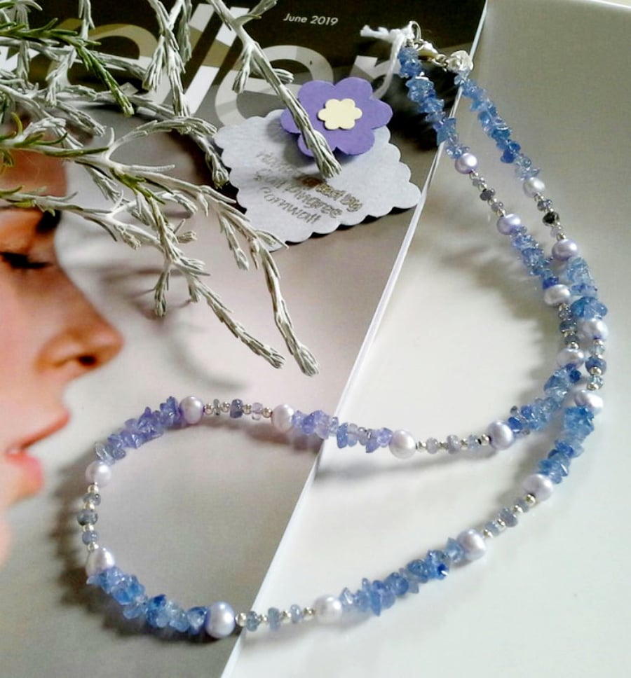 Tanzanite Nugget, Freshwater Pearl Sterling Silver Necklace