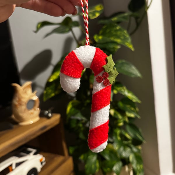 Hand Sewn Felt Red Candy Cane Christmas Decoration 