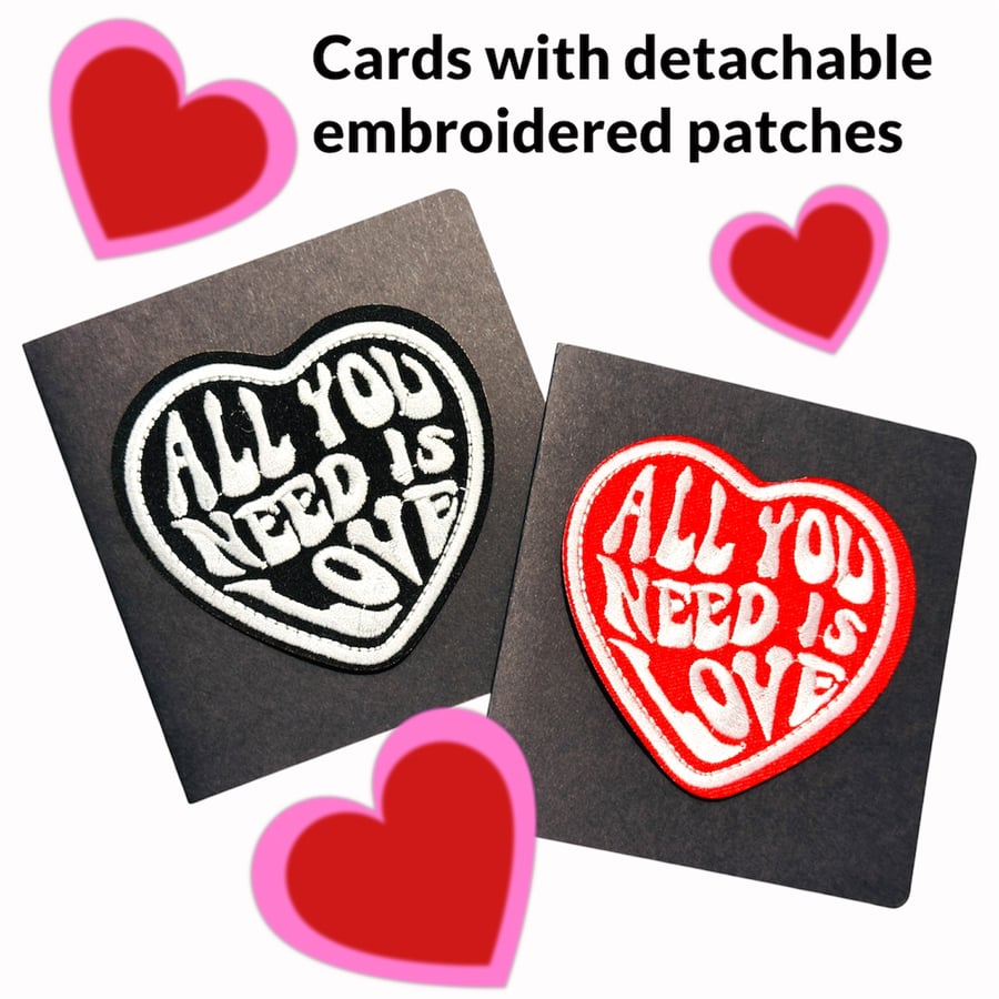 Valentines card, all you need is love heart card with embroidered clothing patch