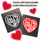 Valentines card, all you need is love heart card with embroidered clothing patch