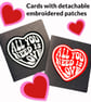 Valentines card, all you need is love heart card with embroidered clothing patch