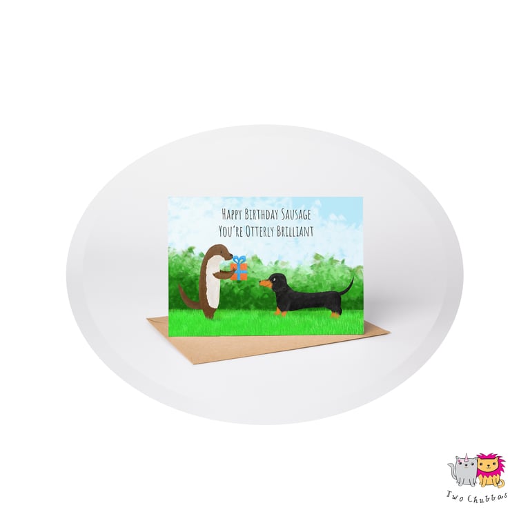 Otter & Dachshund Birthday Card, A6 Birthday Card, Cute Animal Birthday Card