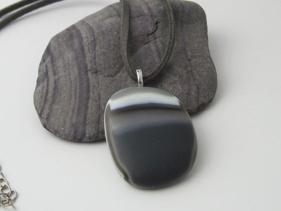 Glass Pebble Pendant, grey satin finish, statement fused glass necklace