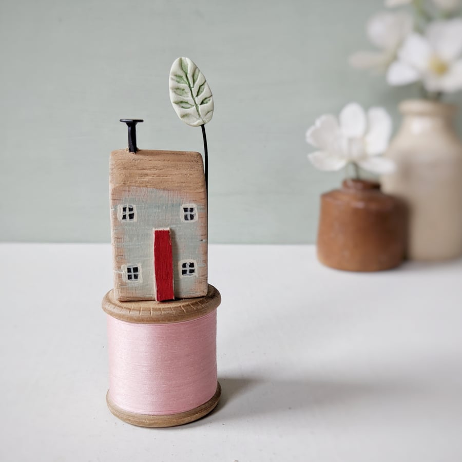 Seconds Sunday Wooden House on a Vintage Bobbin with Clay Tree