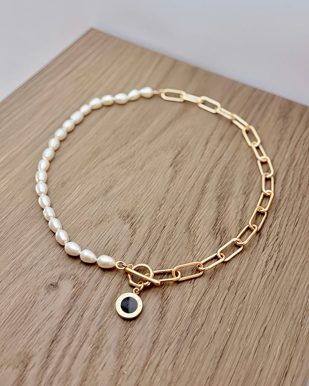 Freshwater Pearl and Abalone Shell Pendant with Gold Plated Chain