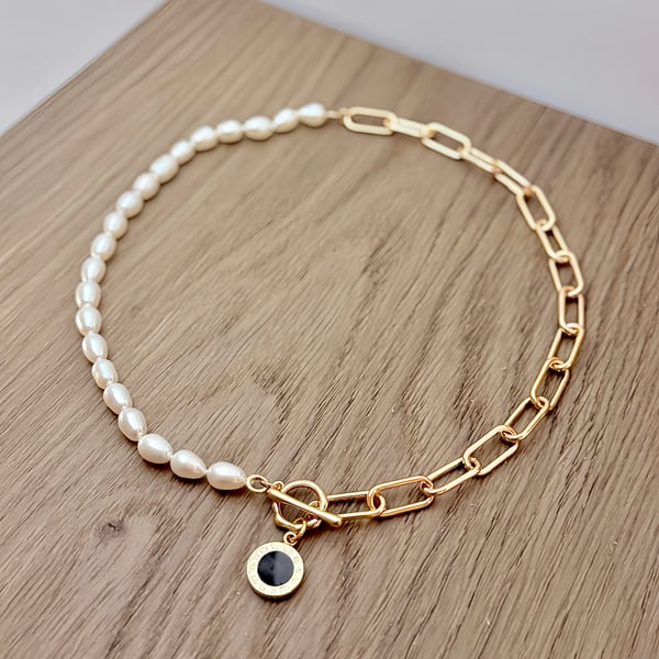 Freshwater Pearl and Abalone Shell Pendant with Gold Plated Chain