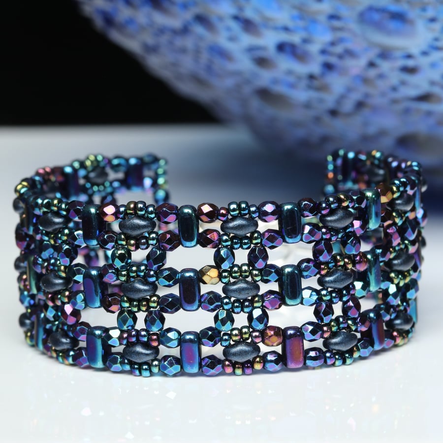 Iridescent Iris Blue Beaded Cuff Bracelet
