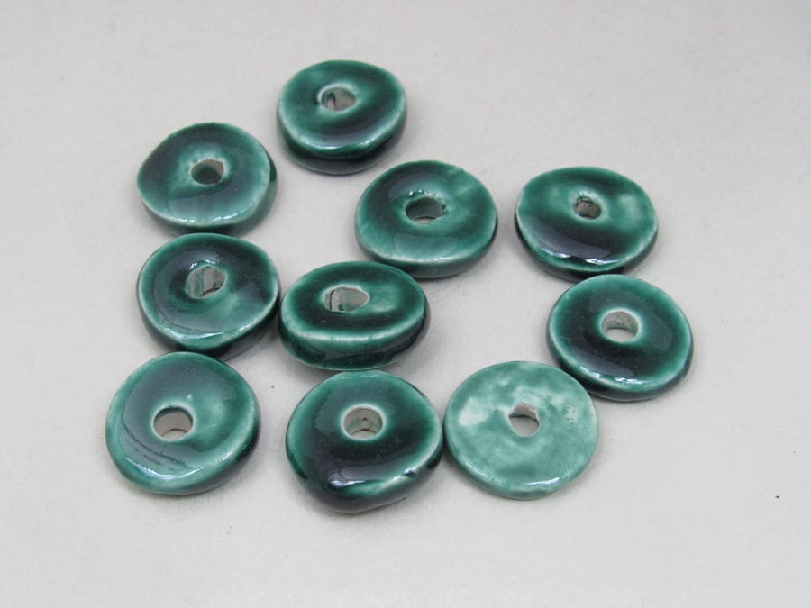 10 Medium Emerald Green Glazed Ceramic Washer Beads