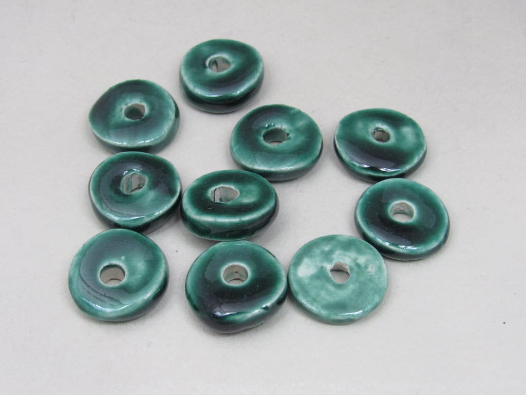 10 Medium Emerald Green Glazed Ceramic Washer Beads