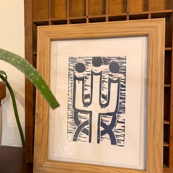 Trident - Lino Print A5, Blue, Limited Run