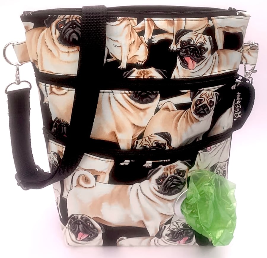 Dog walking bag, crossbody bag, pugs