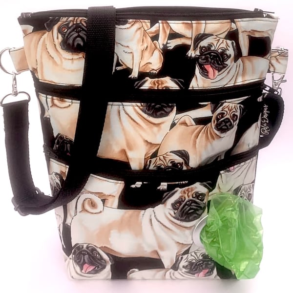 Dog walking bag, crossbody bag, pugs