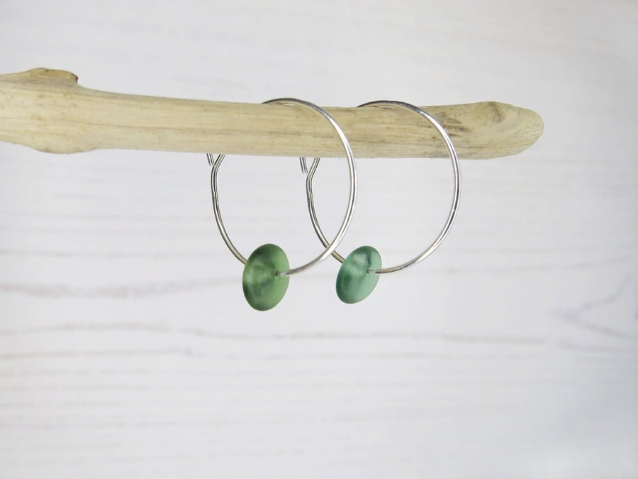 Cornish Sea Glass on 18mm Hoop Earrings - Olive Green