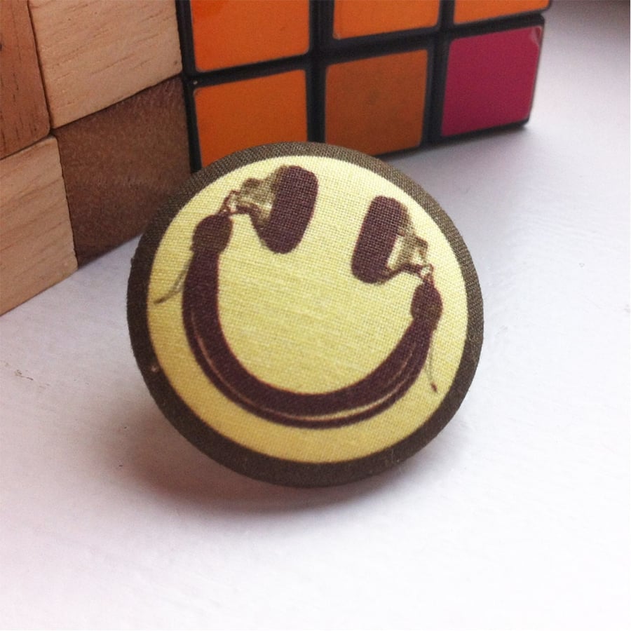Smiley Pin, fabric covered 90's smiley face pin, acid house icon