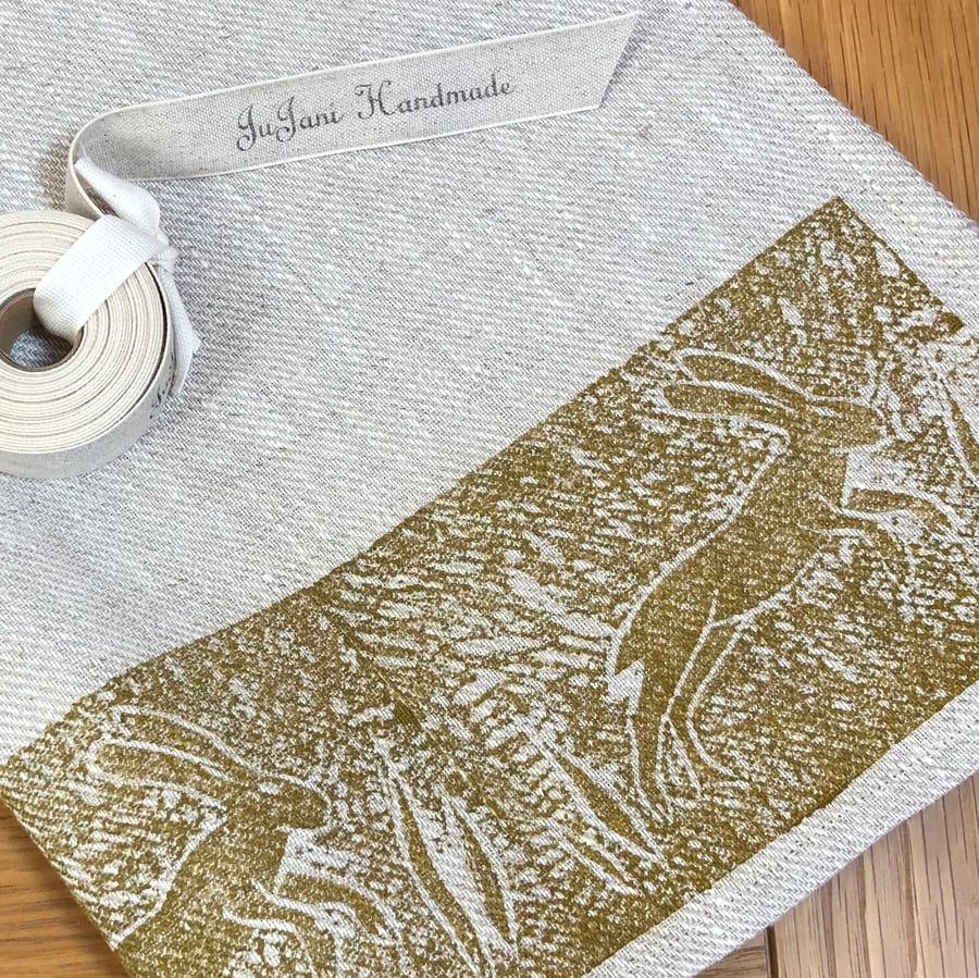 Hand Printed Linen Tea Towel - Leaping Hare