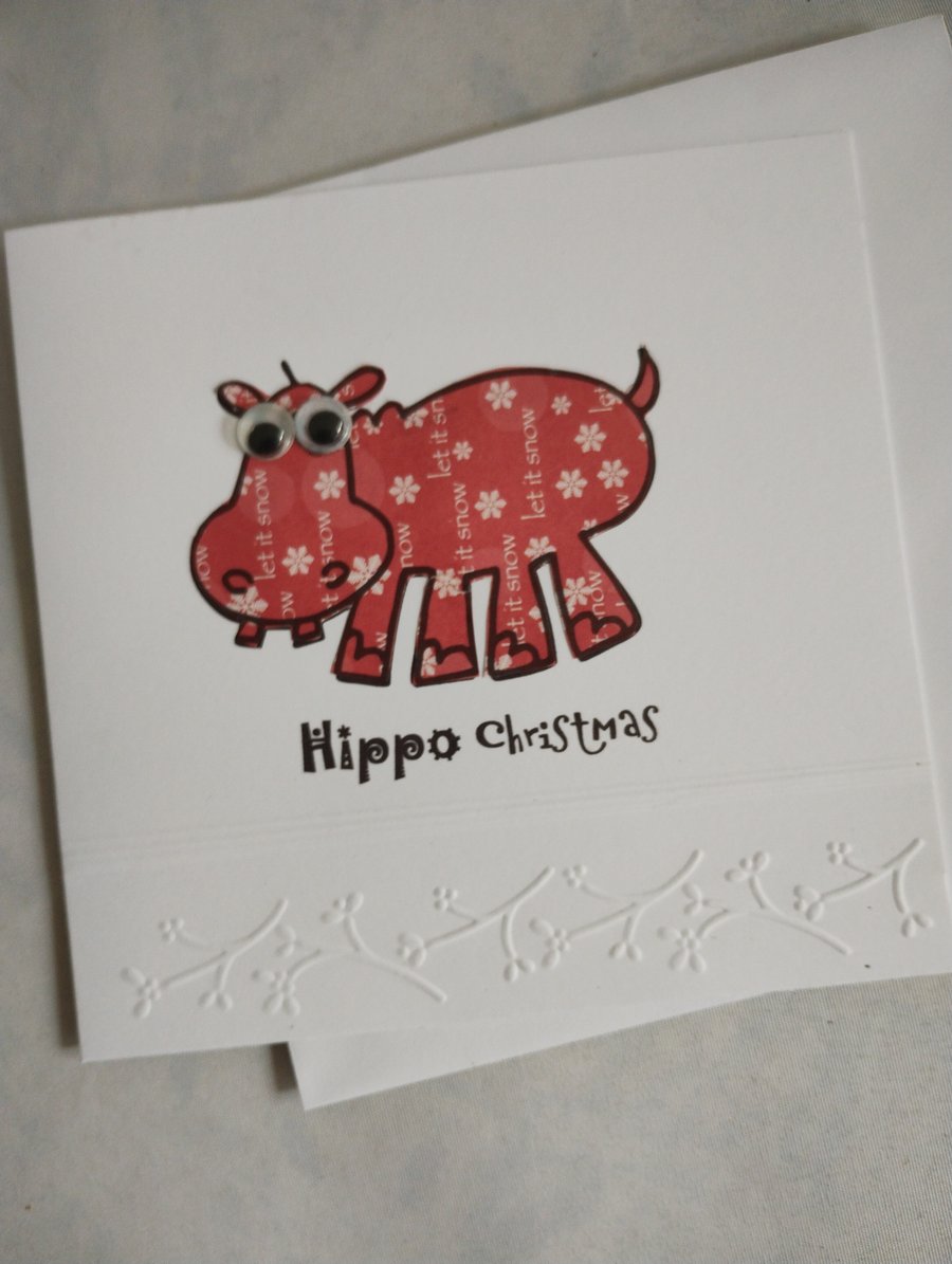 Cute Handmade Christmas Card - Hippo Christmas with googly eyes 