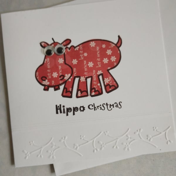 Cute Handmade Christmas Card - Hippo Christmas with googly eyes 