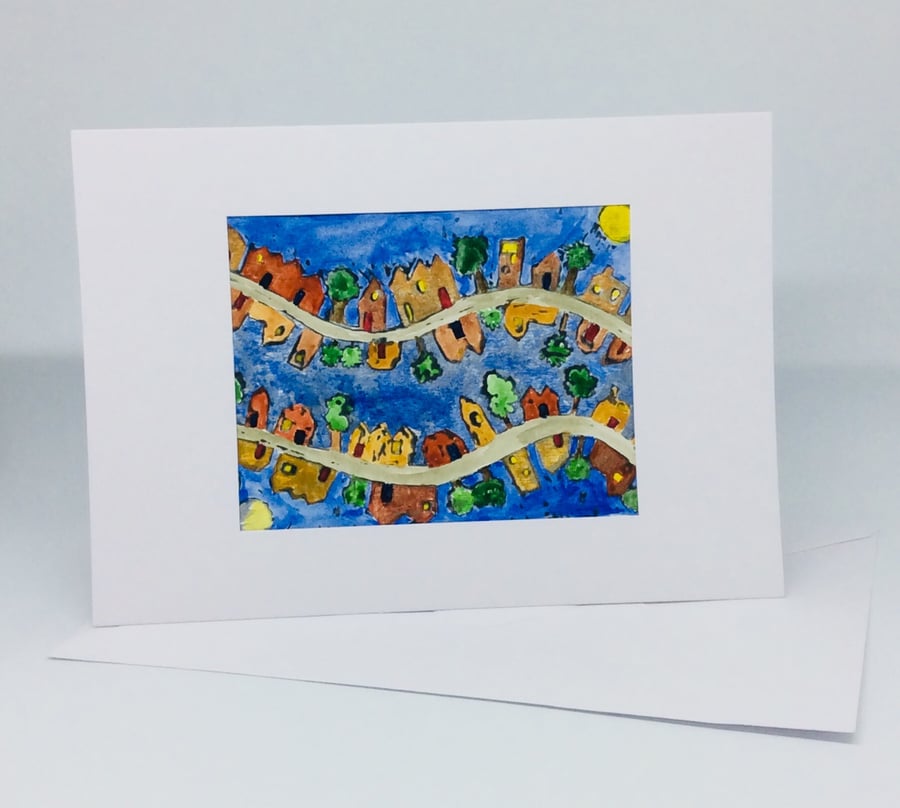 Card, printed and painted original art, daytime streets