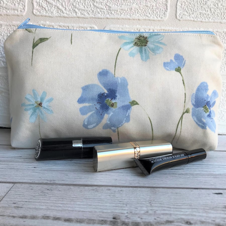 Floral make up bag, cosmetic bag with pastel blue flowers