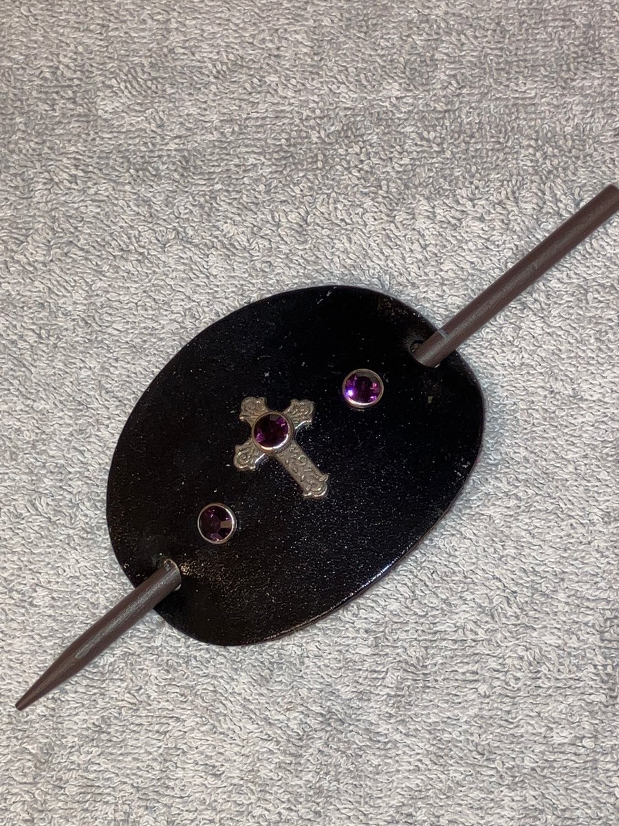 Black Leather HairStick Barrette w Cath Cross centre w 3 Amethyst Gems