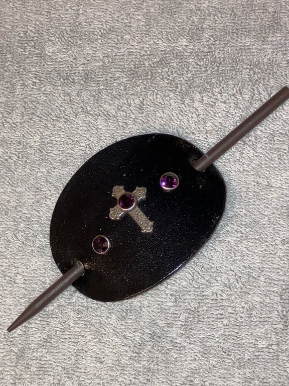 Black Leather HairStick Barrette w Cath Cross centre w 3 Amethyst Gems