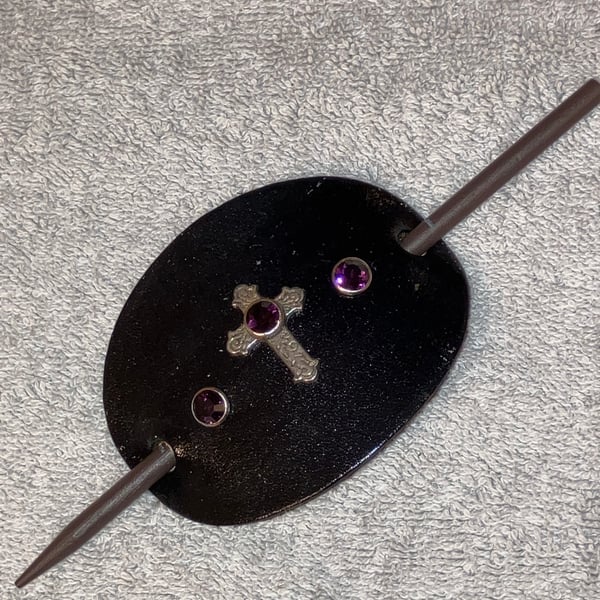 Black Leather HairStick Barrette w Cath Cross centre w 3 Amethyst Gems