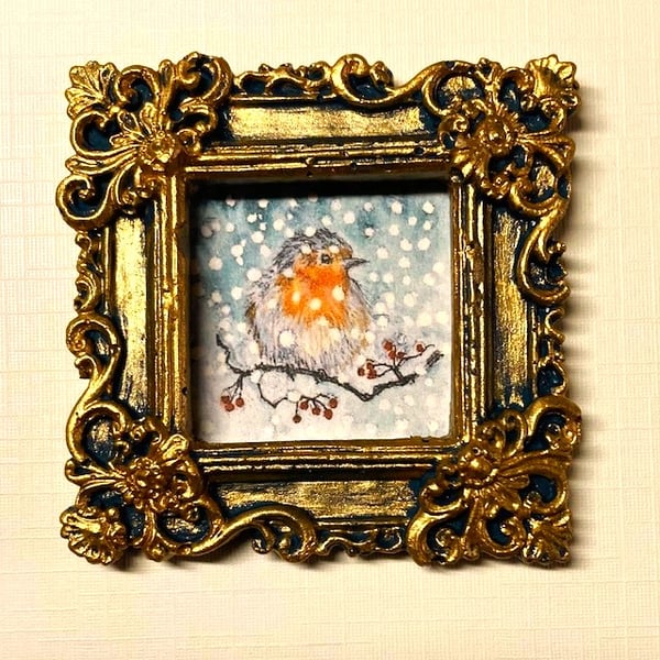 Tiny Framed miniature PRINT, Winter Robin, bird in snow - gift or decoration