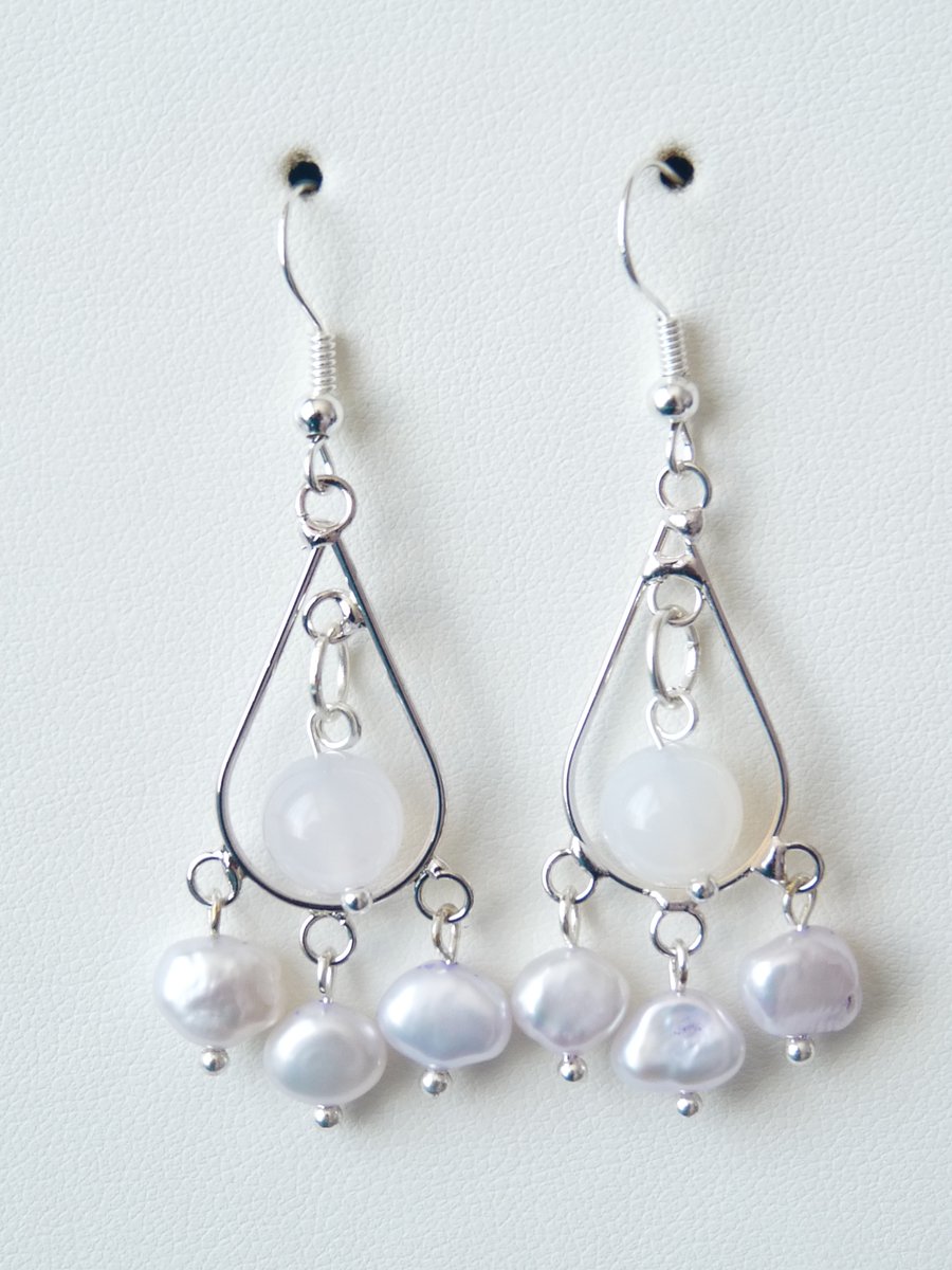 White Cultured Pearl & White Agate Chandelier Earrings - Genuine Gemstone  