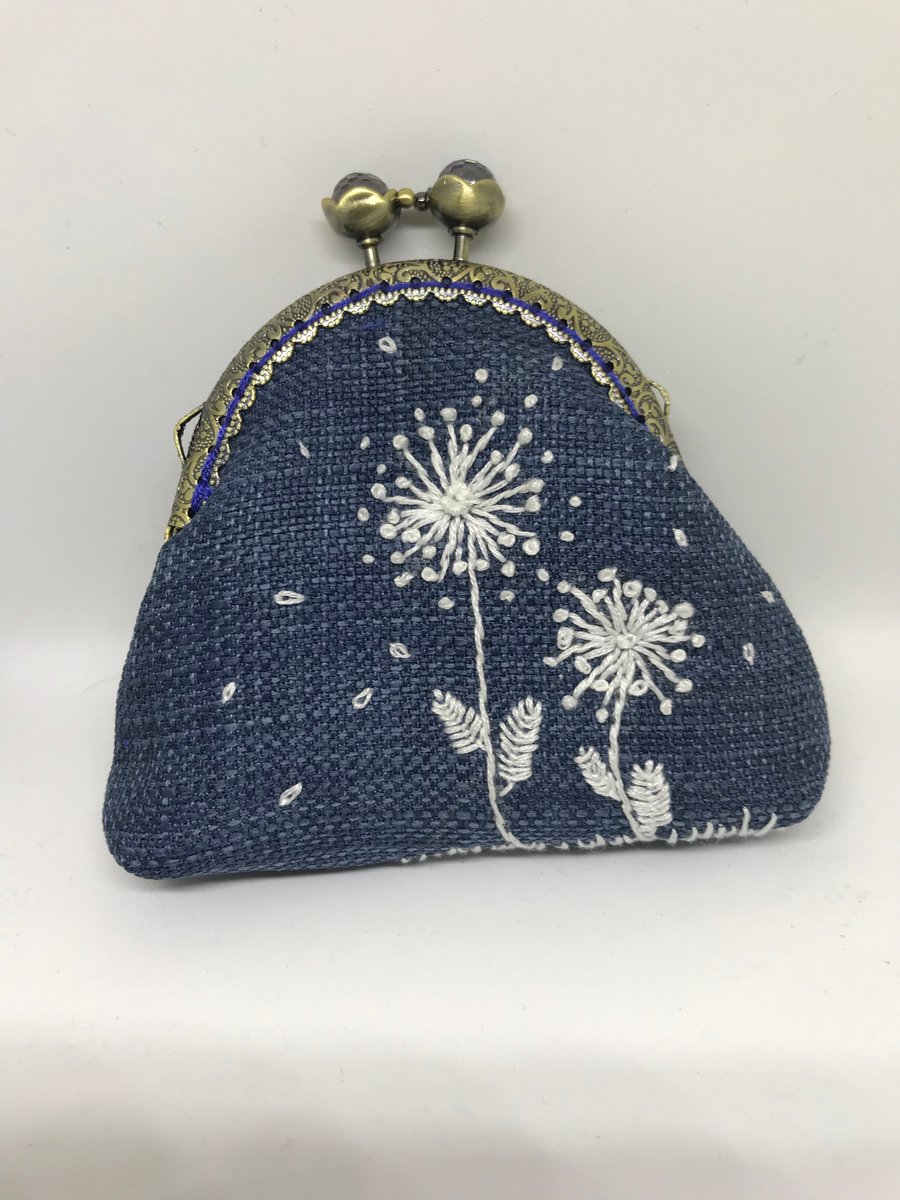 Denim Blue Linen with white Dandelion embroider Clasp Purse