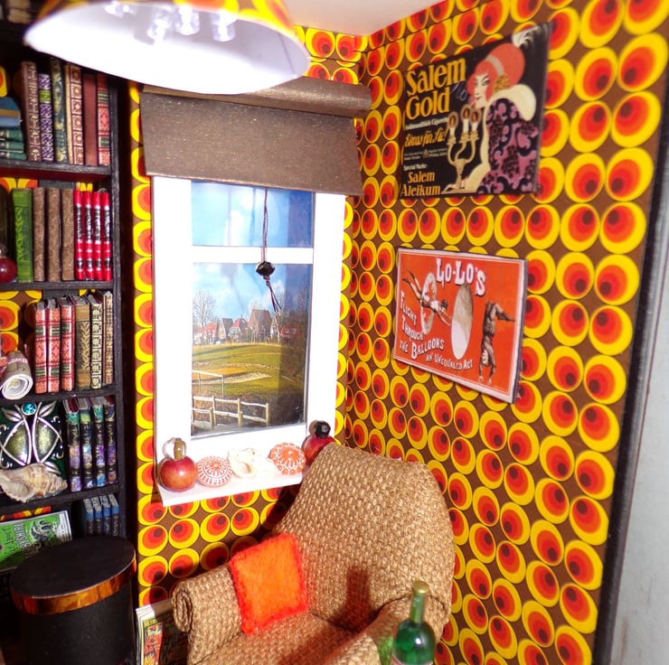 Book nook shelf insert, booknook diorama, miniature room, cosy chair in  library.
