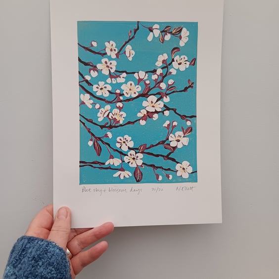 'Blue sky and blossom days' - linoprint