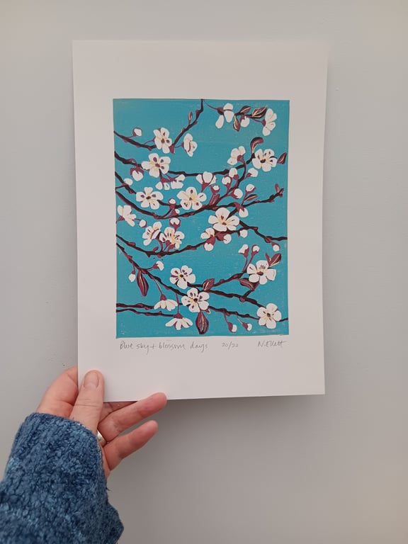 'Blue sky and blossom days' - linoprint