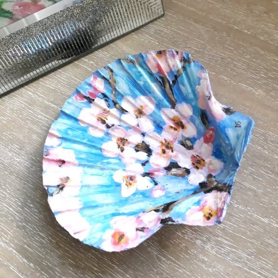 Handpainted "cherry blossom" king scallop shell trinket dish