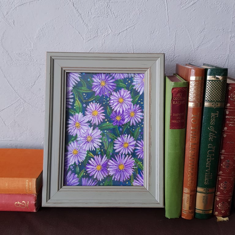 Asters, September flowers framed original artwork 