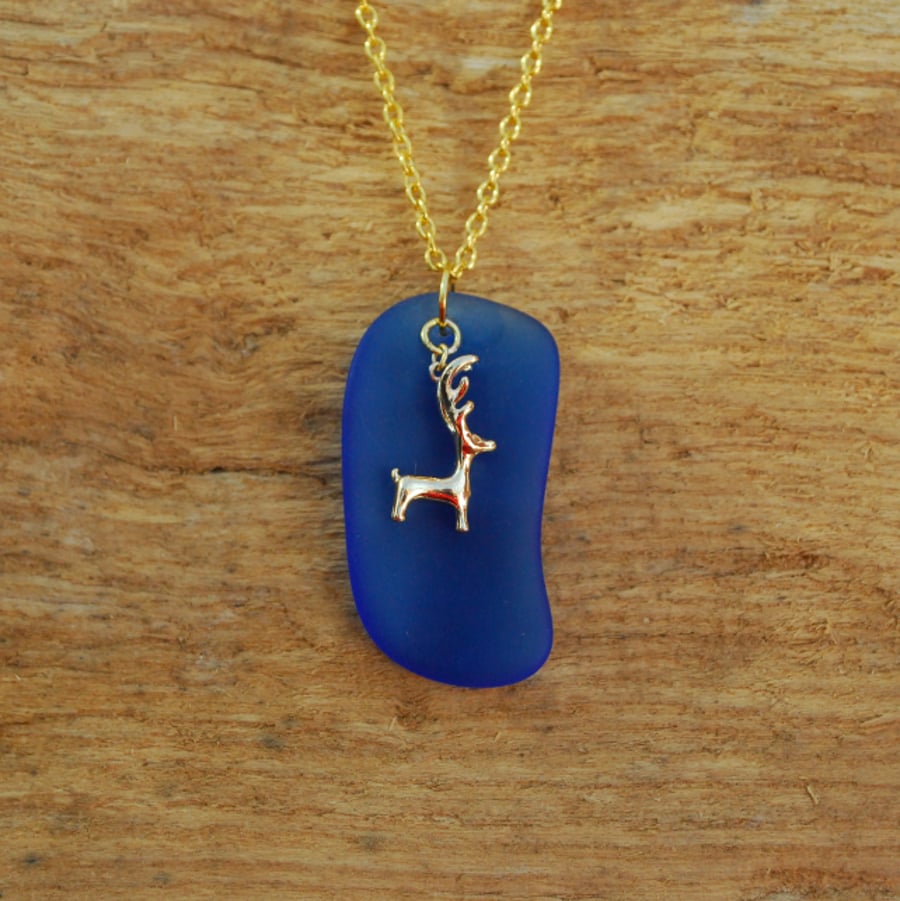 Beach glass pendant with deer charm 
