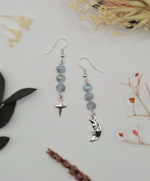 Celestial Moon and Star Dangle Charm Earrings with Faceted Iridescent Beads