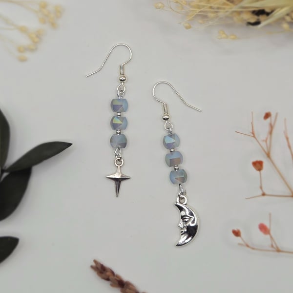 Celestial Moon and Star Dangle Charm Earrings with Faceted Iridescent Beads