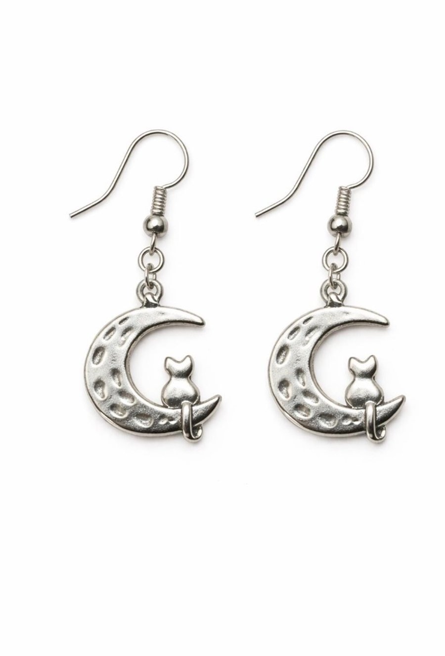 Celestial Cat Moon Earrings – Silver Crescent Dangle Jewellery