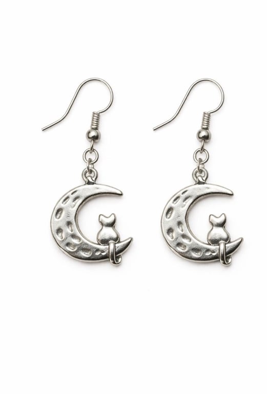 Celestial Cat Moon Earrings – Silver Crescent Dangle Jewellery