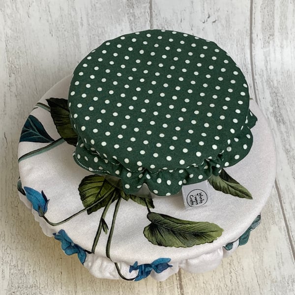 Set of two bowl covers for dips. Sage green and white