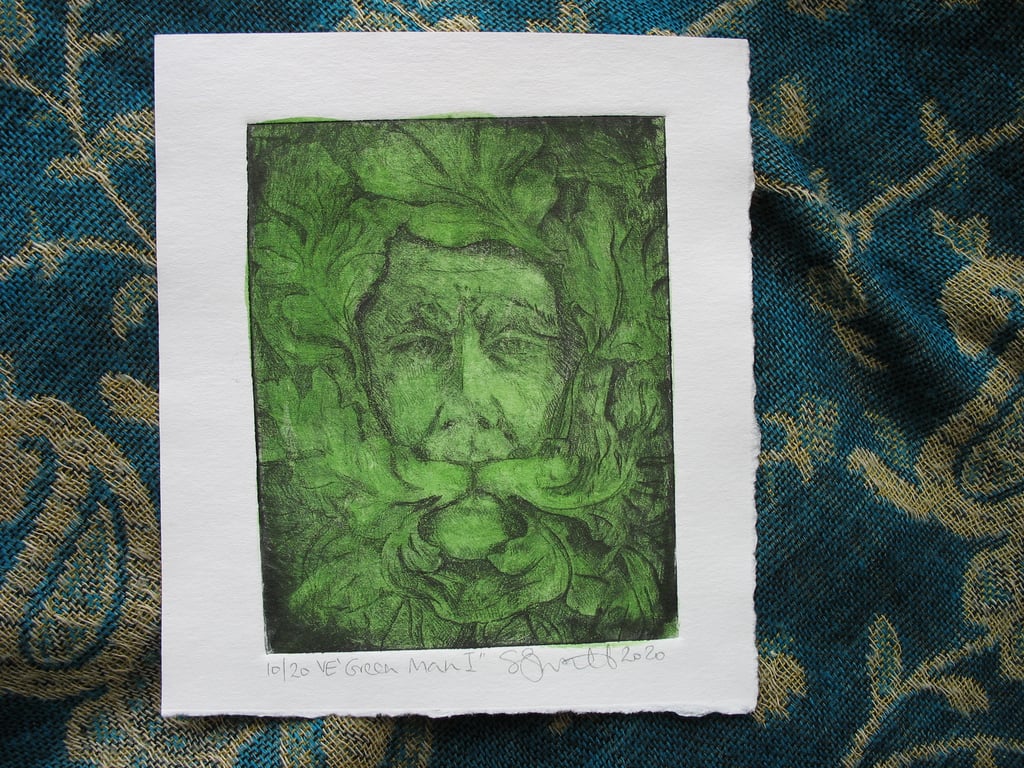 Green Man drypoint etching print with watercolour