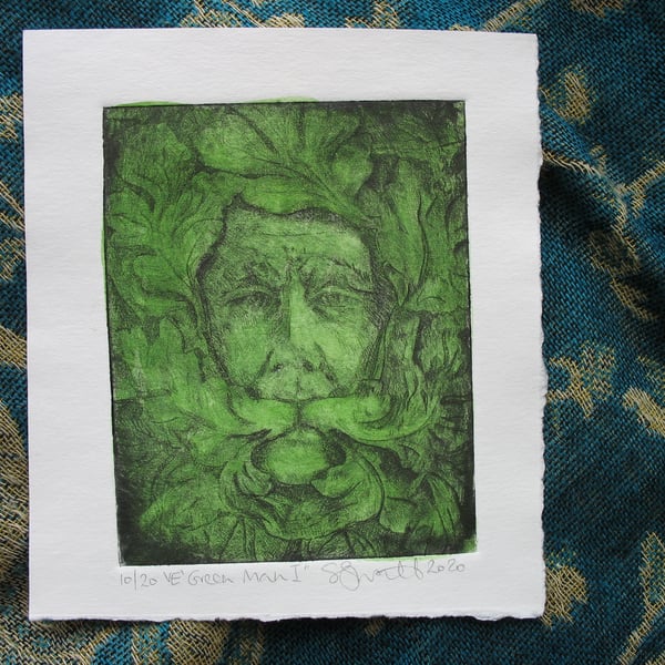 Green Man drypoint etching print with watercolour